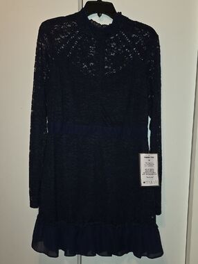 B Darlin Navy Lace Long Sleeve Ruffle Hem Dress